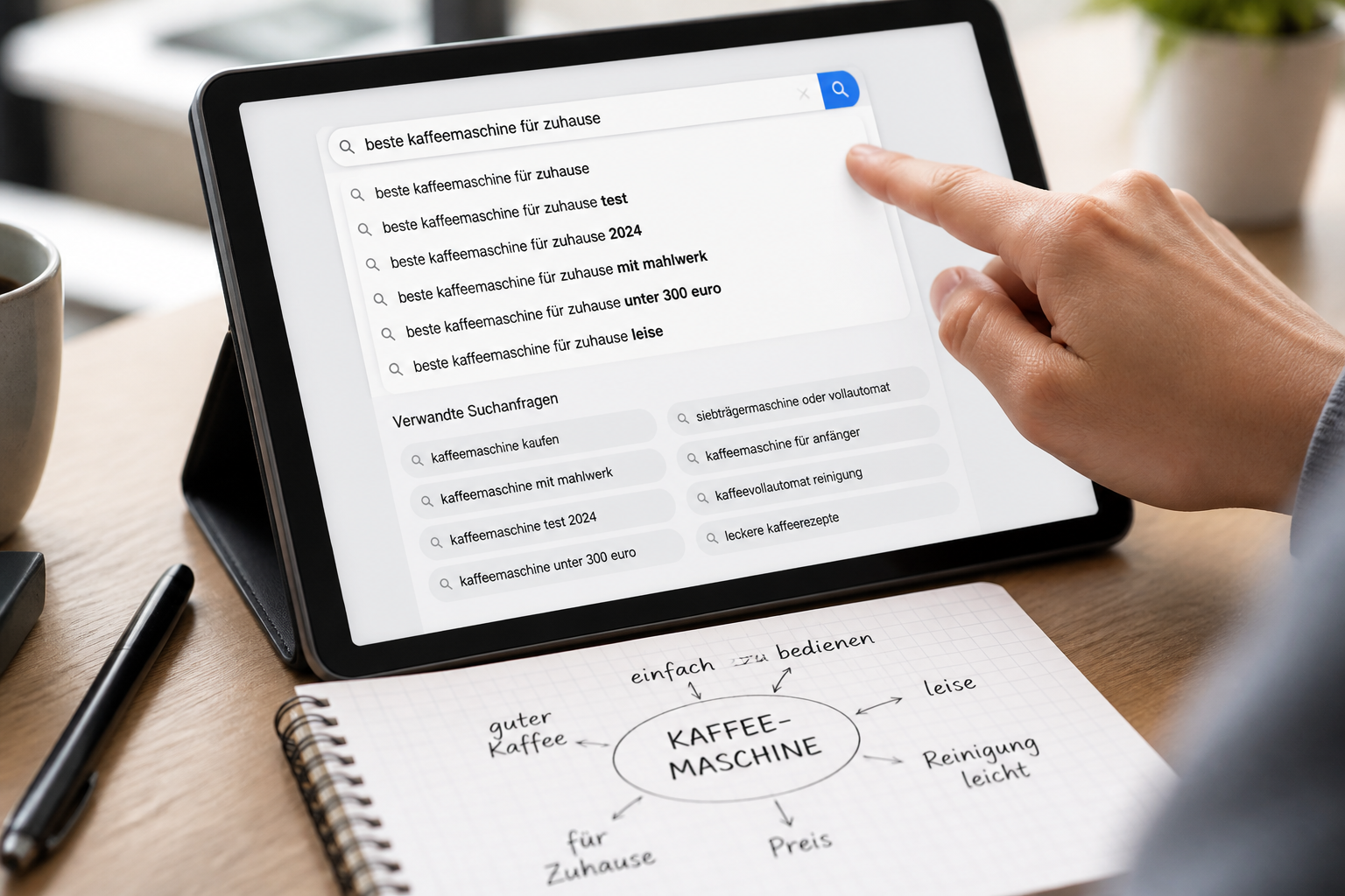 Eine Hand tippt Suchbegriffe auf einem Tablet ein, daneben ein Notizbuch mit Keyword-Ideen, für die Recherche.