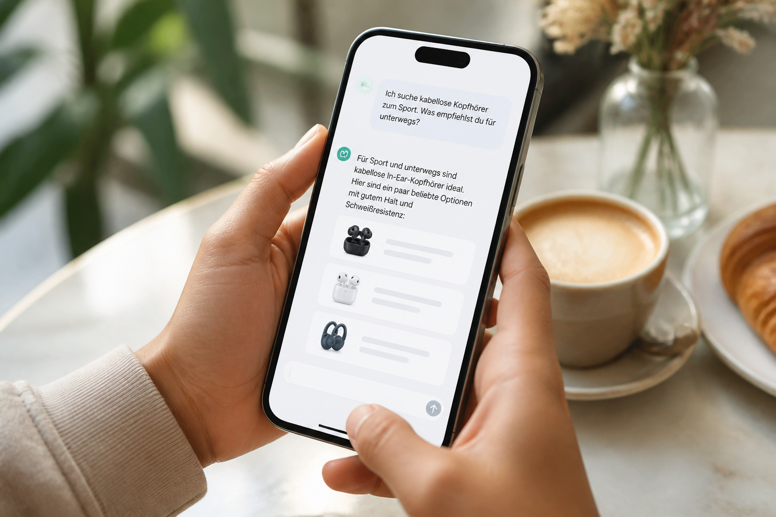 Hände halten ein Smartphone, auf dem eine KI-Chat-Oberfläche von ChatGPT oder Perplexity sichtbar ist, die Person stellt aktiv eine Shopping-Frage.