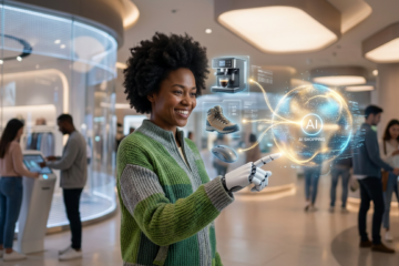 Eine Person interagiert mit einem leuchtenden, holografischen Display, das KI-gestützte Produktempfehlungen in einer futuristischen Einkaufsumgebung zeigt.