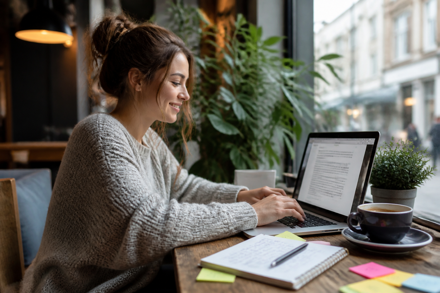 Eine lächelnde Person schreibt konzentriert am Laptop, um ansprechende Inhalte für Affiliate-Marketing zu erstellen.