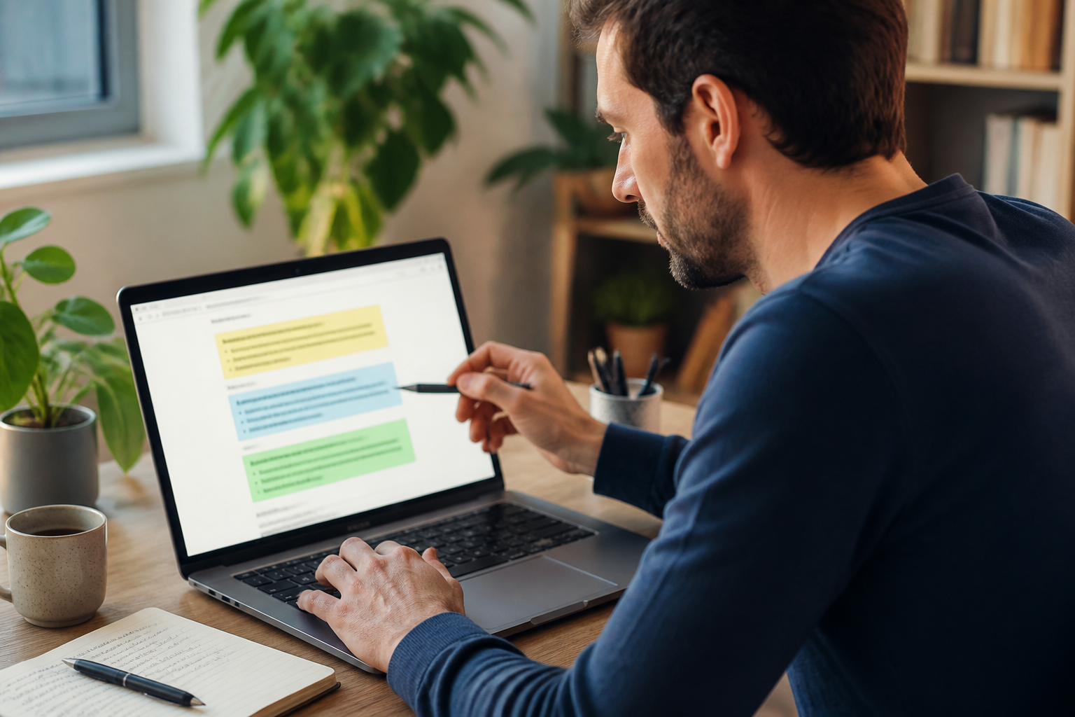 Eine konzentrierte Person überarbeitet am Laptop einen Text und hebt strategische Elemente wie 'Einzigartige Perspektive' hervor, um Inhalte für die Google AI Overviews zu optimieren.