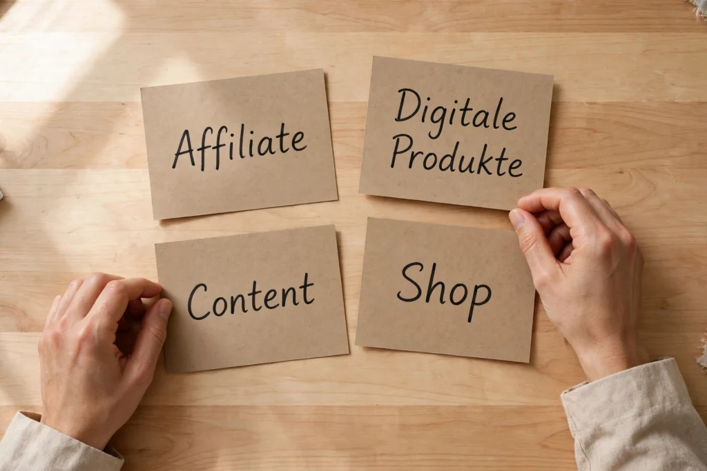 Auswahl zwischen digitalen Modellen - Hände sortieren Karten mit Affiliate, Digitale Produkte, Content, Shop auf hellem Holztisch Entscheidung