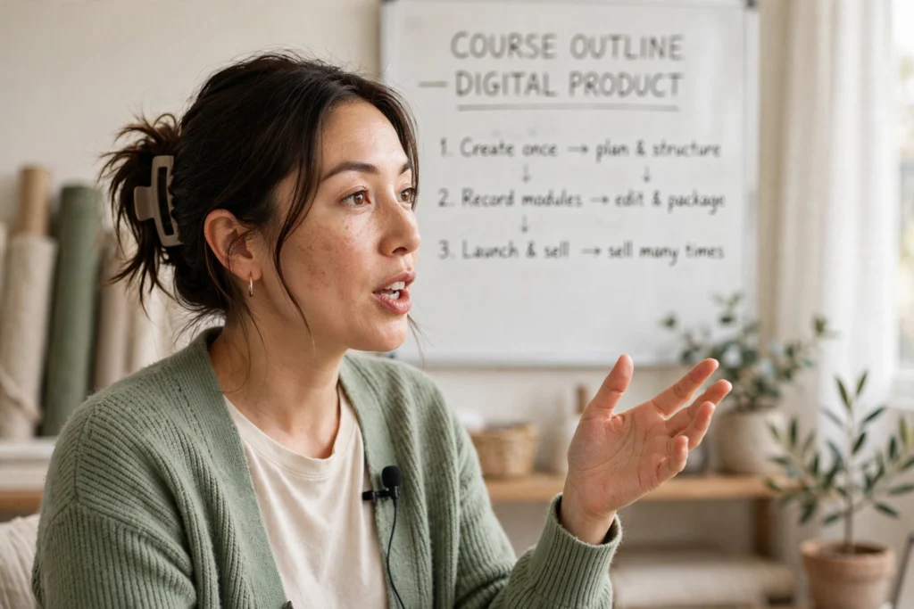 Geschäftsmodell Skalierbarkeit - Frau erstellt einmal ein digitales Produkt wie einen Online-Kurs und kann es vielfach verkaufen im hellen Home-Studio