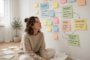 Geschäftsmodell digitaler Start in die Online-Welt - junge Frau plant ihren neuen Anfang mit Notizen an heller Wand minimalistisch aufgeräumt