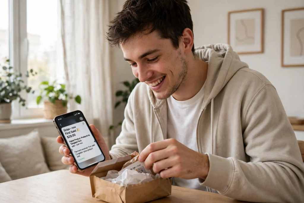 Geschäftsmodell erster Verkauf - junger Mann freut sich über erste Verkaufsbenachrichtigung auf dem Smartphone nach Launch seines digitalen Produkts