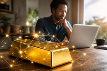 Ein glänzender Goldbarren mit digitalen Netzwerklinien, im Hintergrund verschwommen eine Person an einem Laptop, die nachdenklich den Bildschirm betrachtet.