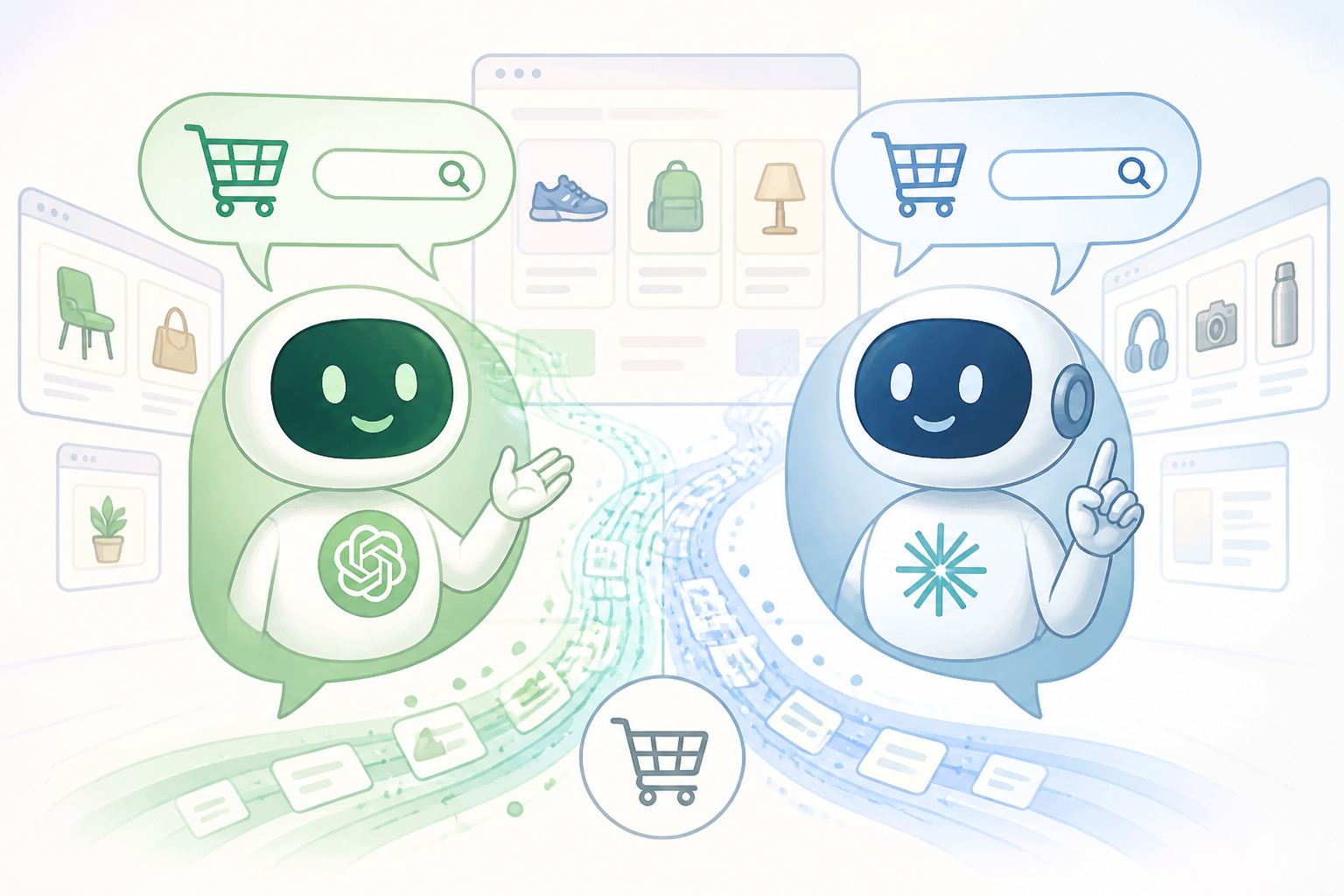 Zwei freundliche KI-Chatbot-Avatare, die visuell ChatGPT und Perplexity darstellen, mit Einkaufswagen- und Such-Icons, um die Funktionsweise der KI-Suchmaschinen zu erklären.