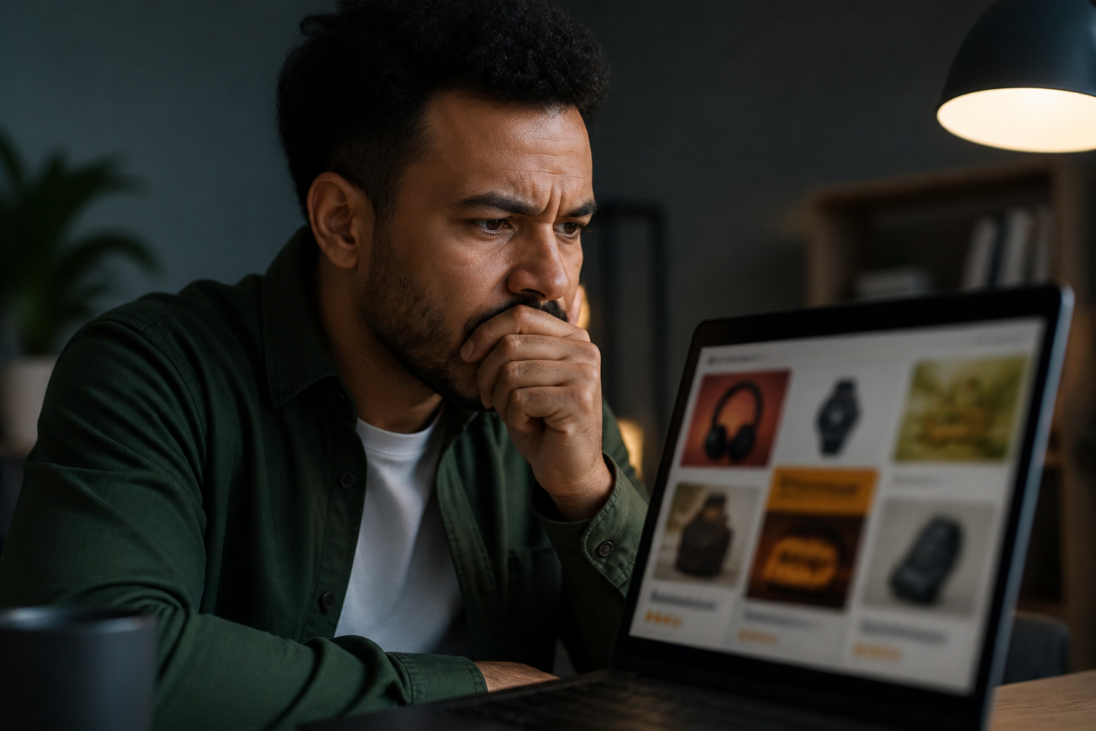 Eine nachdenkliche Person betrachtet einen Laptop-Bildschirm mit möglicherweise voreingenommenen oder manipulativen KI-Empfehlungen, symbolisiert die Nachteile der Technologie.