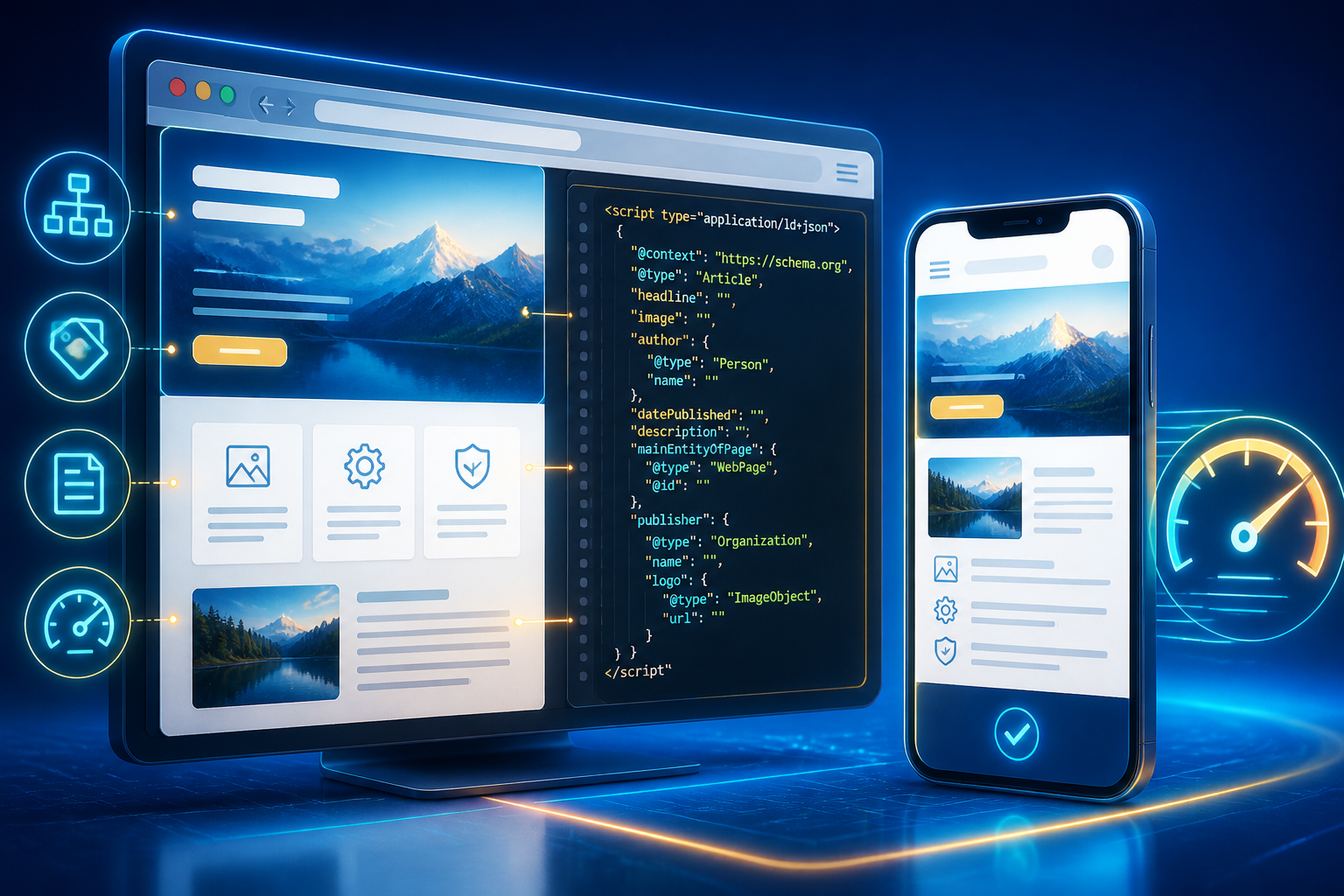 Technische Darstellung einer Webseite, auf der strukturierte Daten im Code-Editor markiert sind, daneben eine mobile Version auf einem Smartphone, die schnelle Ladezeiten und Optimierung für Google AI Overviews zeigt.