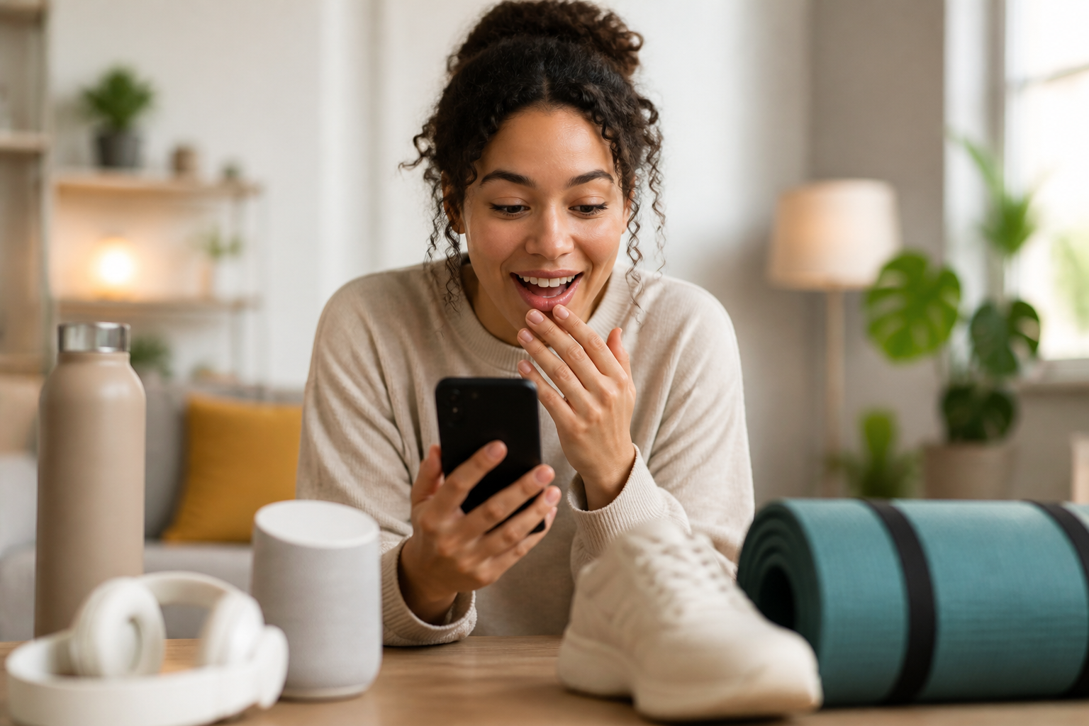 Eine junge Frau lächelt, während sie auf ihrem Smartphone eine perfekte Produktempfehlung von einer KI-Suchmaschine sieht, umgeben von den passenden Produkten.