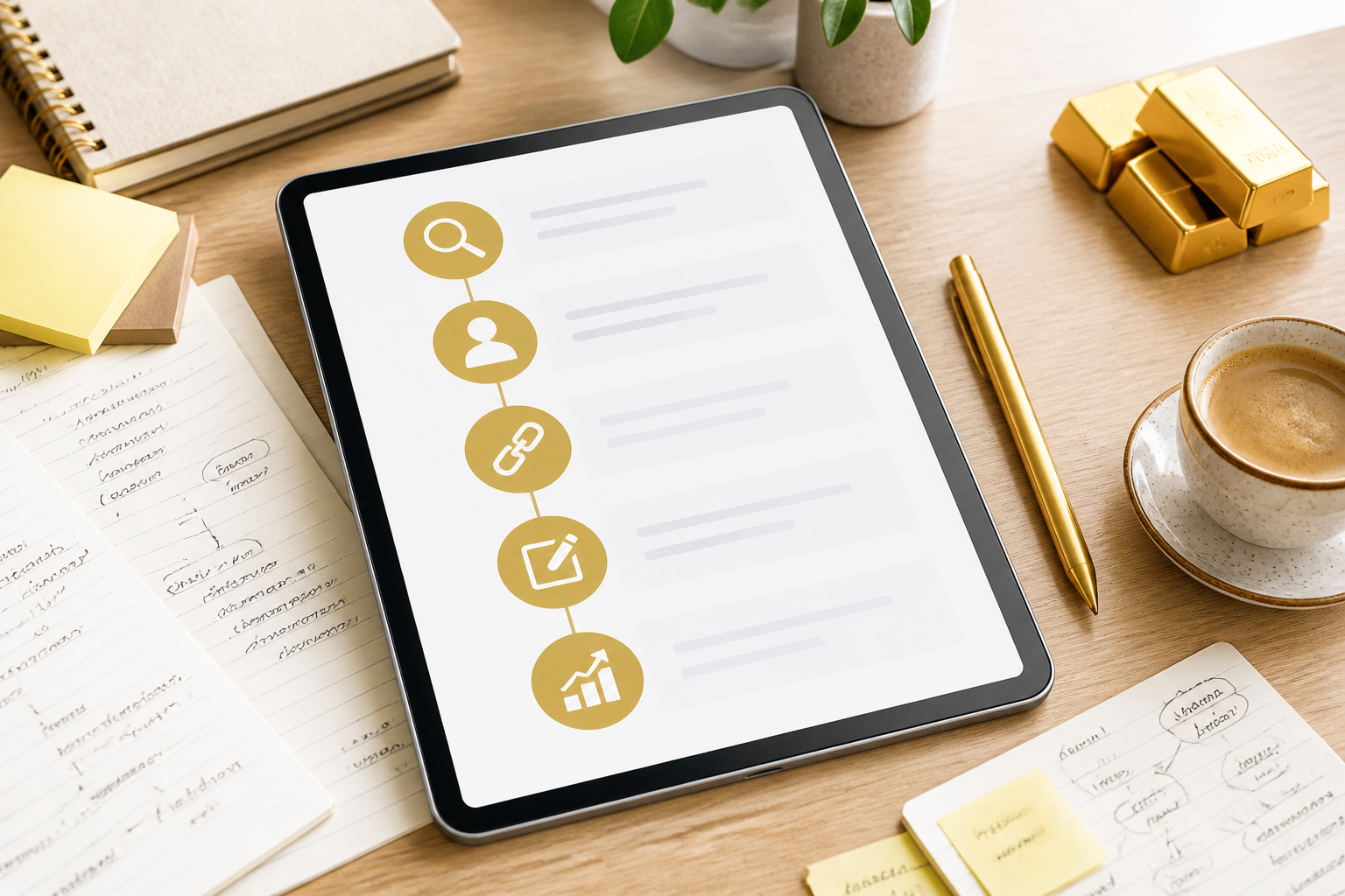 Ein Tablet zeigt eine Schritt-für-Schritt-Anleitung, umgeben von handschriftlichen Notizen und einem goldenen Stift auf einem aufgeräumten Schreibtisch.