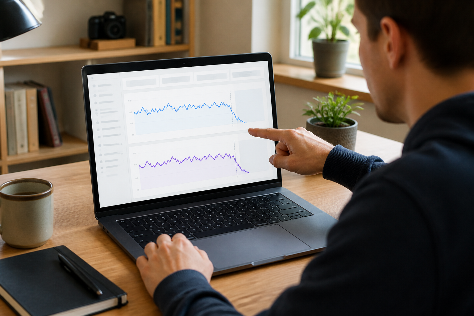 Eine Person analysiert auf einem Laptop in der Google Search Console Grafiken, die einen signifikanten Rückgang der Klickzahlen für Webseiten-Traffic-Verluste durch AI Overviews darstellen.
