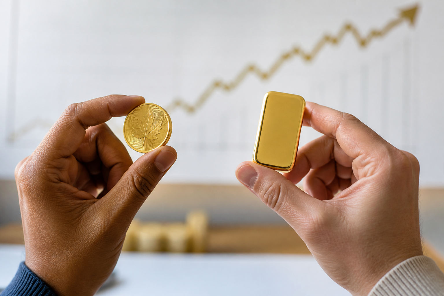 Zwei Hände halten eine Goldmünze und einen kleinen Goldbarren, dahinter ein angedeutetes, steigendes Finanzdiagramm.
