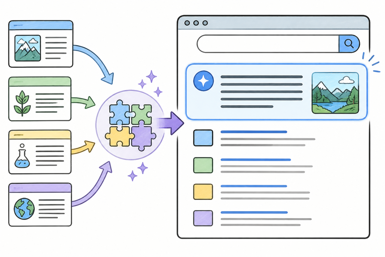 Schematische Illustration, die zeigt, wie Google AI Overviews Informationen aus mehreren Quellen bündeln, um eine prägnante Antwort direkt in den Suchergebnissen zu liefern.