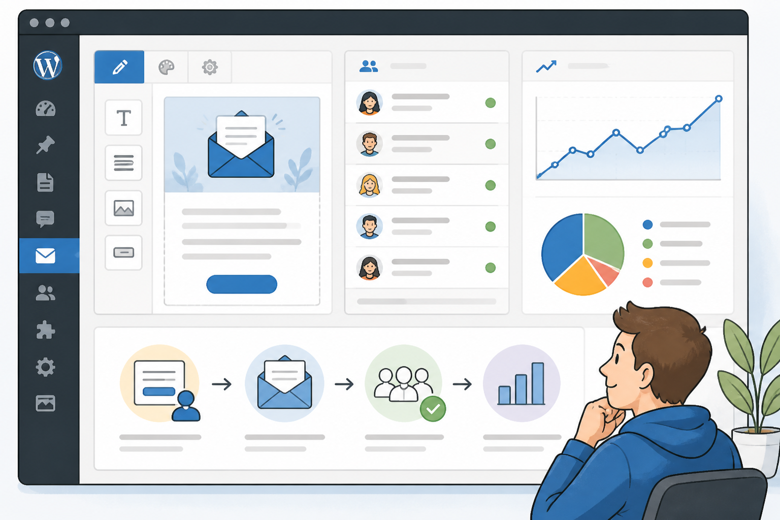 Illustrierte Darstellung des WITE Starmail Dashboards innerhalb einer WordPress-Oberfläche.