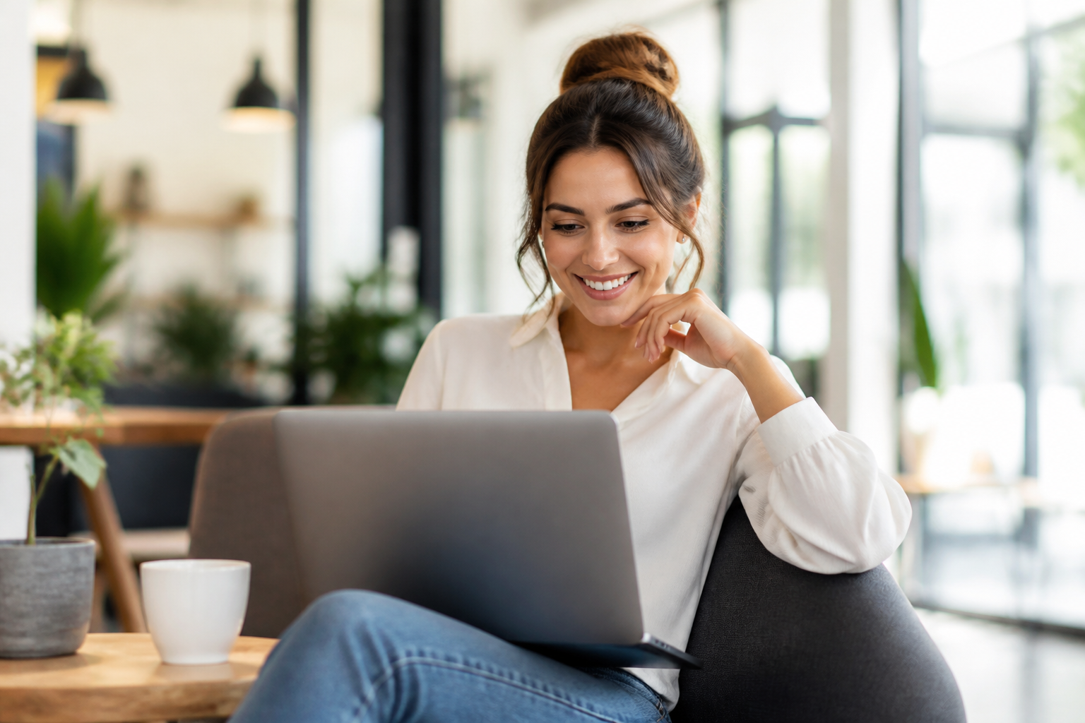 Eine junge Frau lächelt zufrieden, während sie an ihrem Laptop arbeitet, symbolisiert die einfachen Vorteile von WITE Starmail.