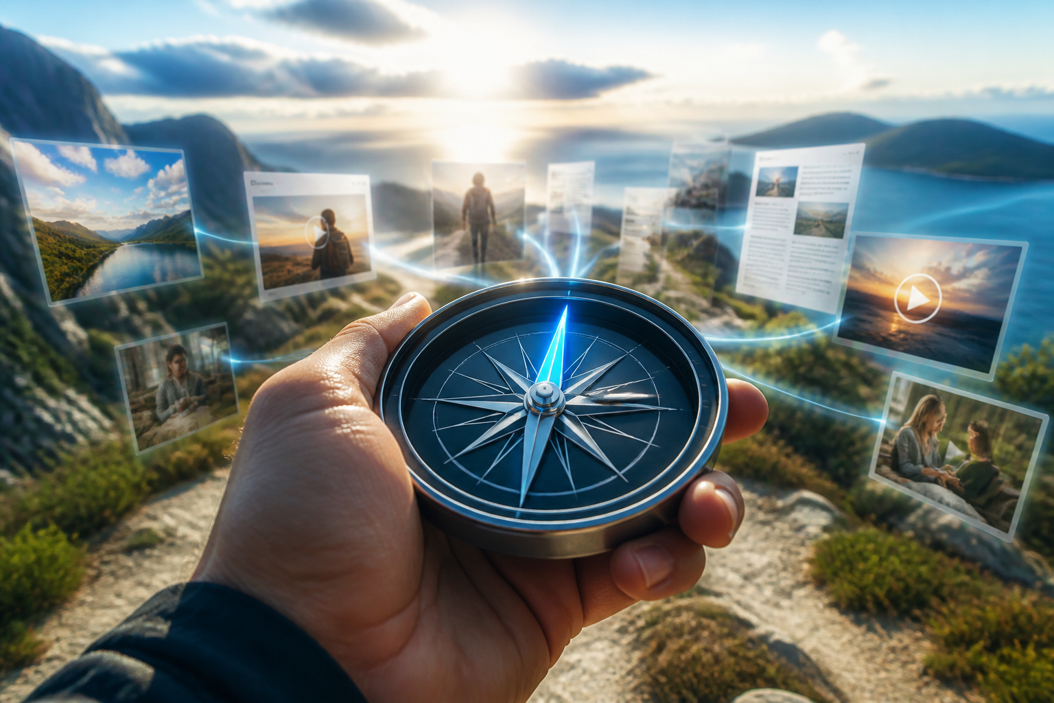 Ein digitaler Kompass, der sicher in die 'KI-Richtung' weist, gehalten von einer souveränen Hand, symbolisiert die Navigation durch die Veränderungen, die Google AI Overviews mit sich bringen.
