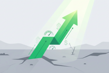 Affiliate-Marketing in Zeiten der Rezession: Ein grüner Pfeil steigt steil durch eine graue Rezessionslandschaft auf, symbolisiert Affiliate-Marketing Wachstum
