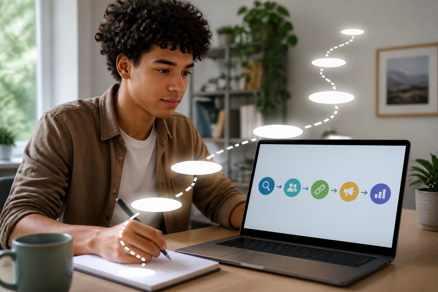 Ein Anfänger plant seine Affiliate-Marketing-Strategie am Laptop, mit einem sichtbaren 'Schritt-für-Schritt'-Pfad