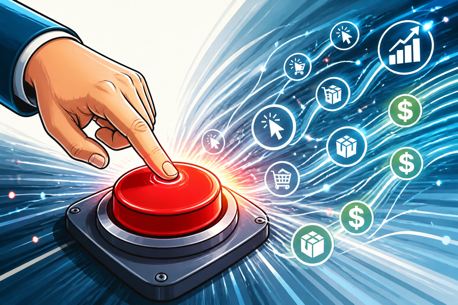 Eine Hand drückt einen Turbo-Knopf mit der Beschriftung 'Affiliate-Marketing' inmitten digitaler Datenströme