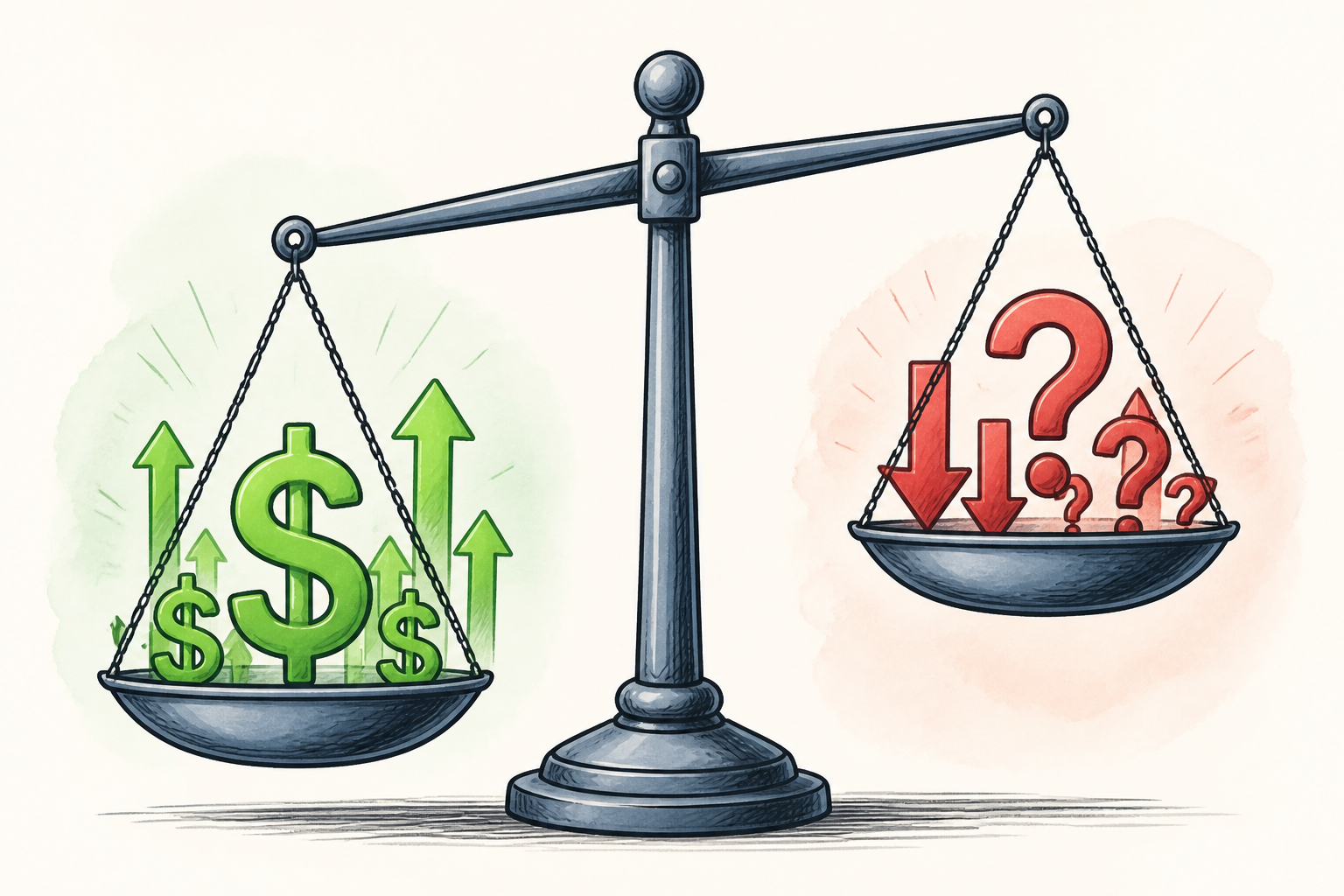 Affiliate-Marketing in Zeiten der Rezession: Eine Waage, die Vorteile (grüne Pfeile, Dollarzeichen) und Nachteile (rote Pfeile, Fragezeichen) von Affiliate-Marketing abwägt