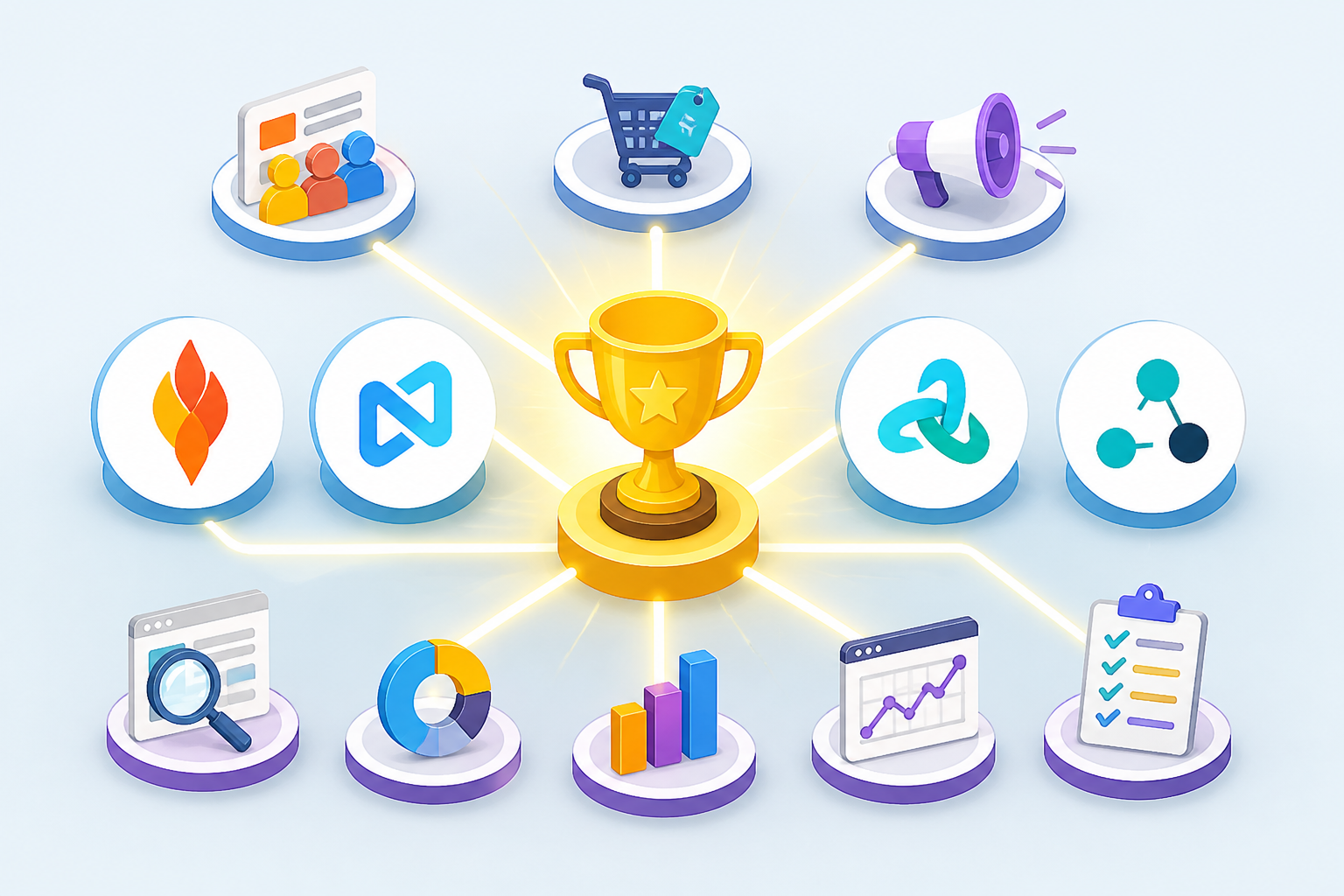Affiliate-Marketing in Zeiten der Rezession: Infografik zeigt Verbindung von Affiliate-Netzwerk-Logos und Tool-Icons zu einem zentralen 'Erfolg'-Knotenpunkt