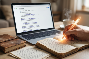 alte Blogbeiträge überarbeiten: Eine Person überarbeitet alte Blogbeiträge auf einem Notizbuch, während ein Laptop Google-Rankings anzeigt.