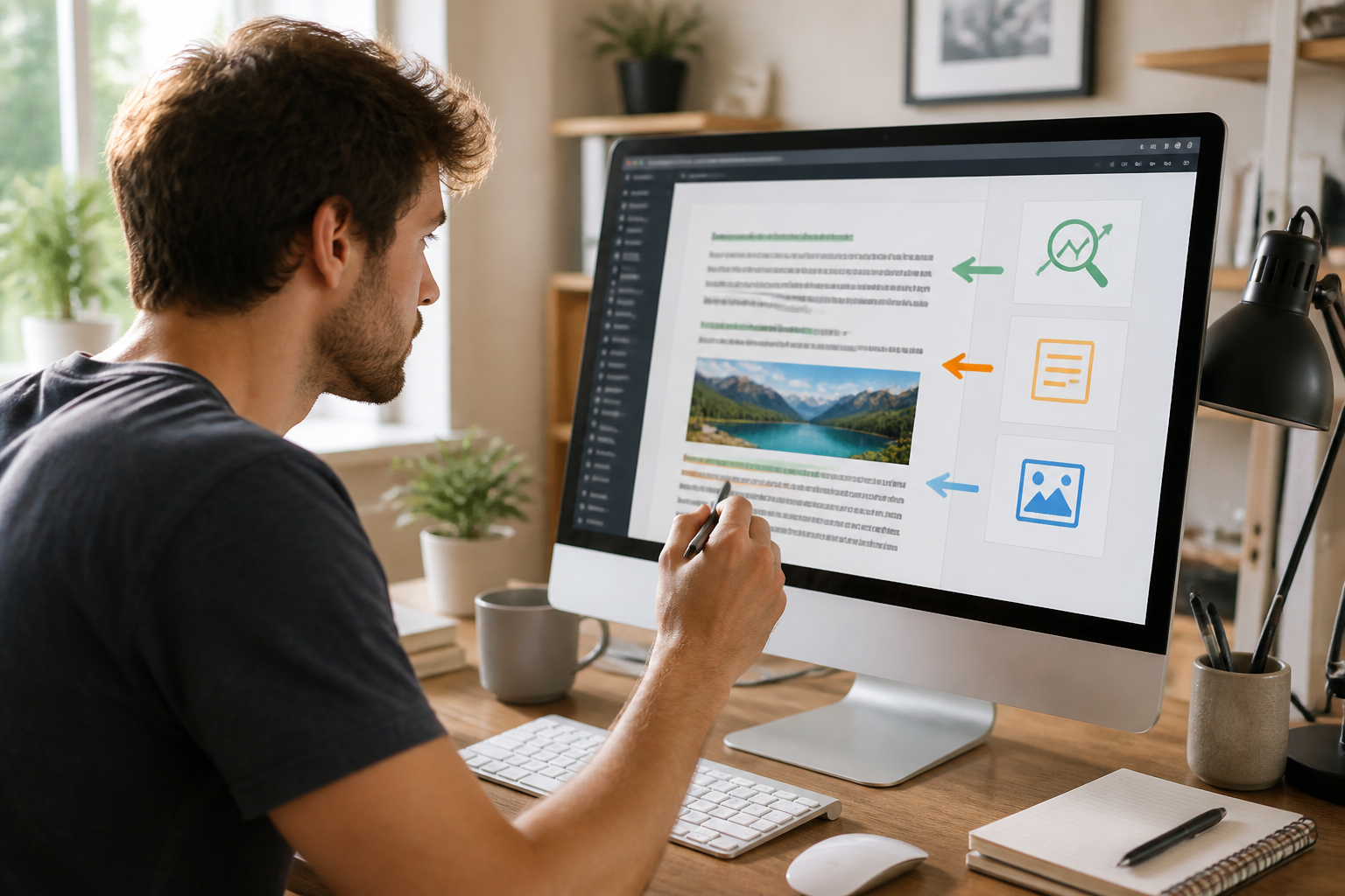 Eine Person überarbeitet konzentriert alte Blogbeiträge an einem Computer, um Google-Rankings zurückzuholen.