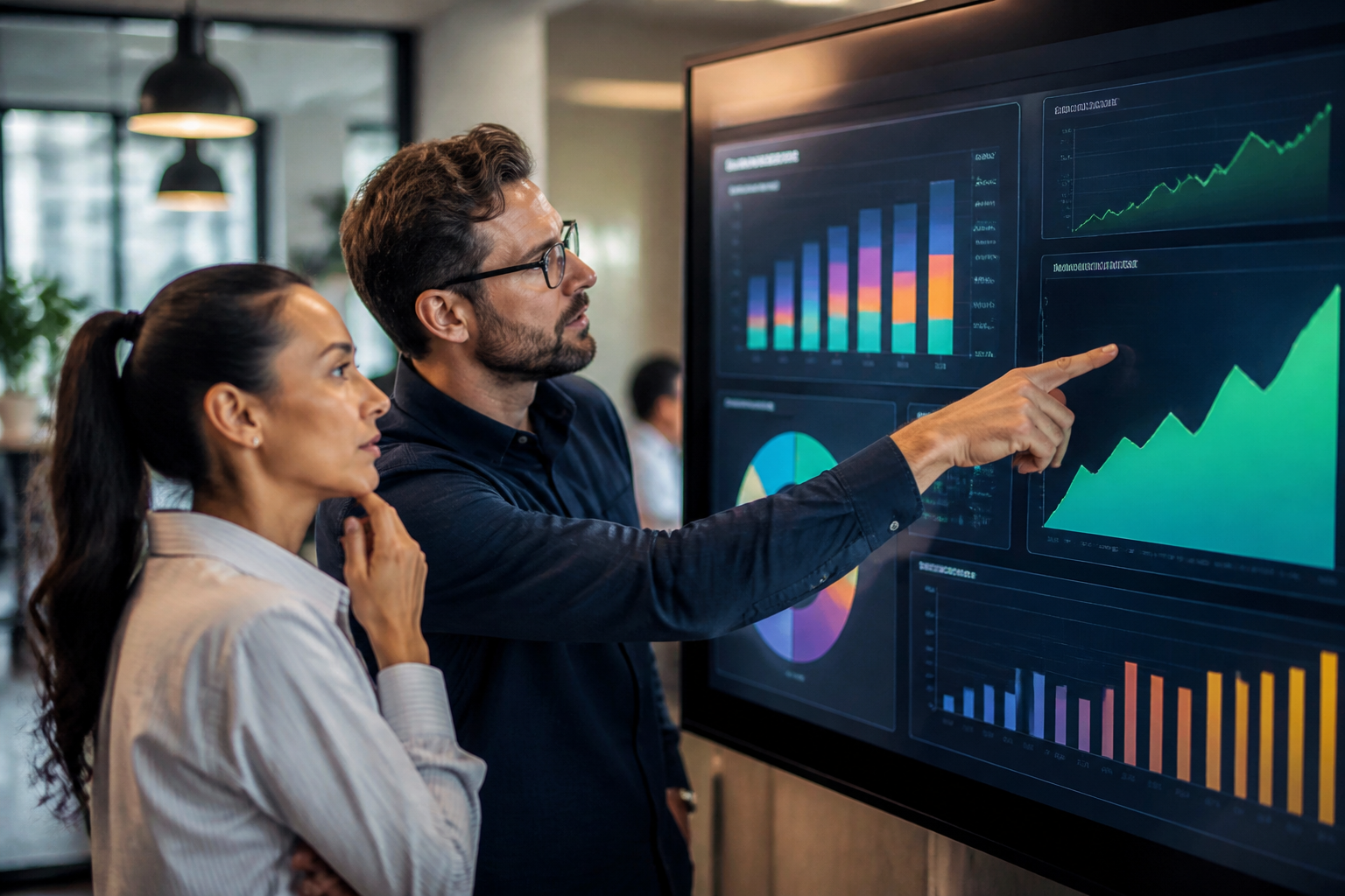 Affiliate-Marketing in Zeiten der Rezession: Marketingexperten analysieren Performance-KPIs auf einem Dashboard, das Budgetverschiebungen zeigt