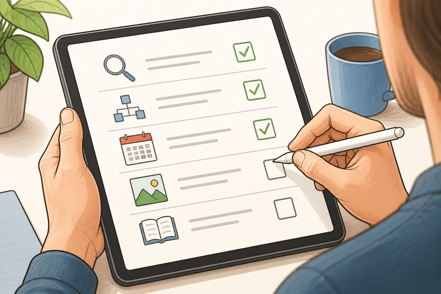 alte Blogbeiträge überarbeiten: Eine Hand hakt Punkte auf einer digitalen Checkliste ab, die für die Optimierung von Blogbeiträgen relevant sind.