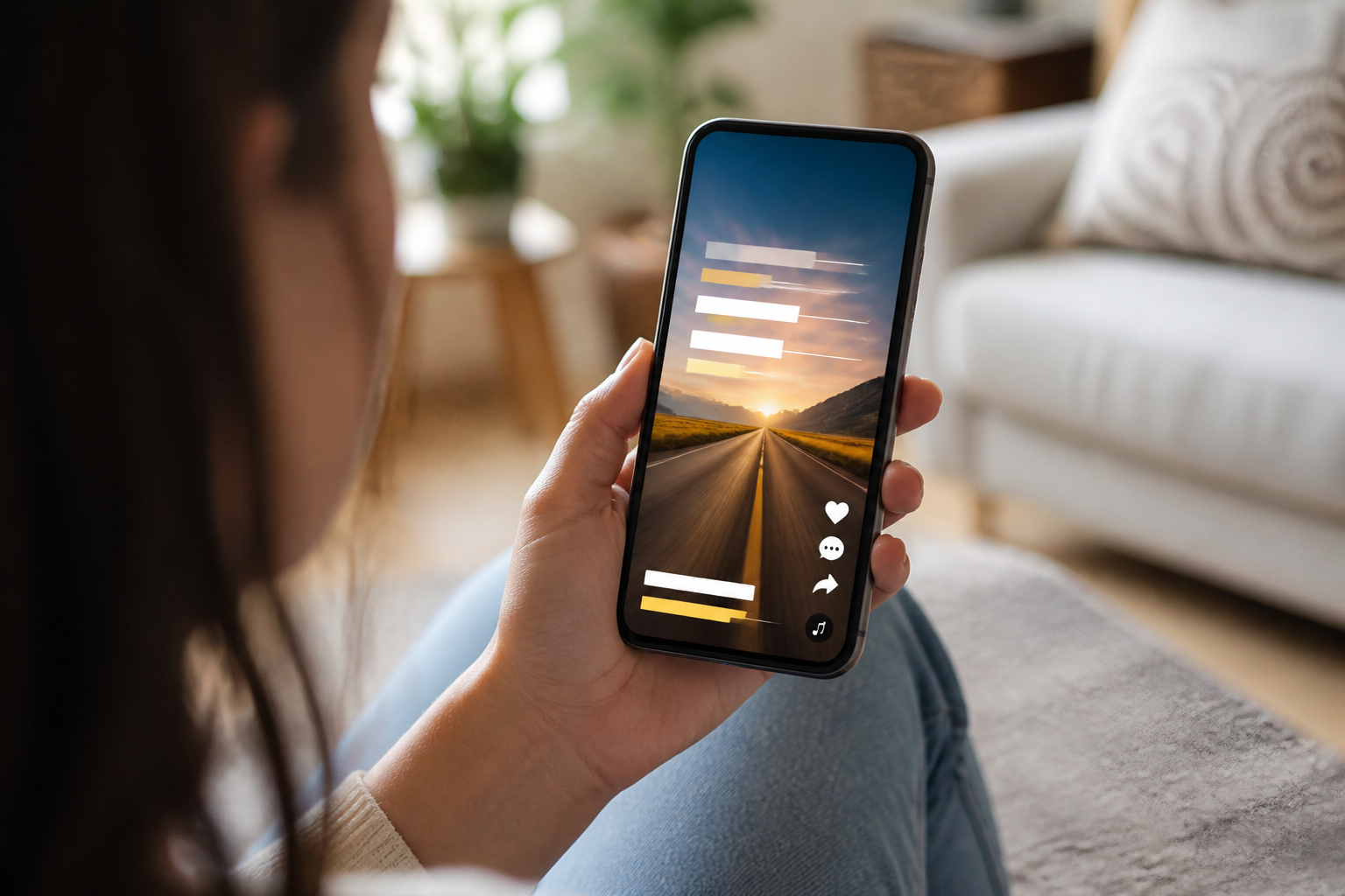 Vidyra - Ki mit Sytem: Smartphone zeigt ein Faceless Kurzvideo mit animierten Textelementen