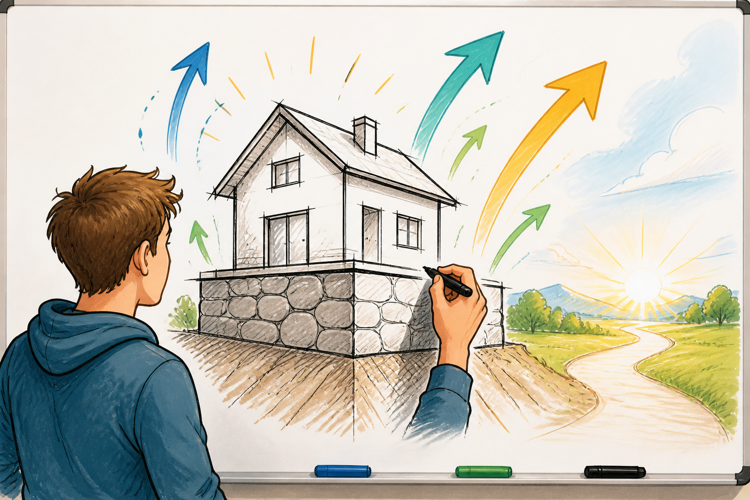 Eine Hand zeichnet eine stabile Haus-Skizze auf einem Fundament auf einer Tafel, umgeben von Wachstumspfeilen, was den Erfolg durch die Fundament-Allianz symbolisiert.