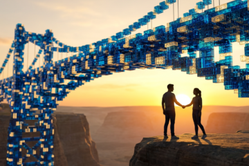 Fundament-Allianz Das Partnernetzwerk des Architekten des Erfolgs: Zwei Online-Unternehmer reichen sich über eine aus digitalen Bausteinen gebaute Brücke die Hand, symbolisierend das Partnernetzwerk der Fundament-Allianz