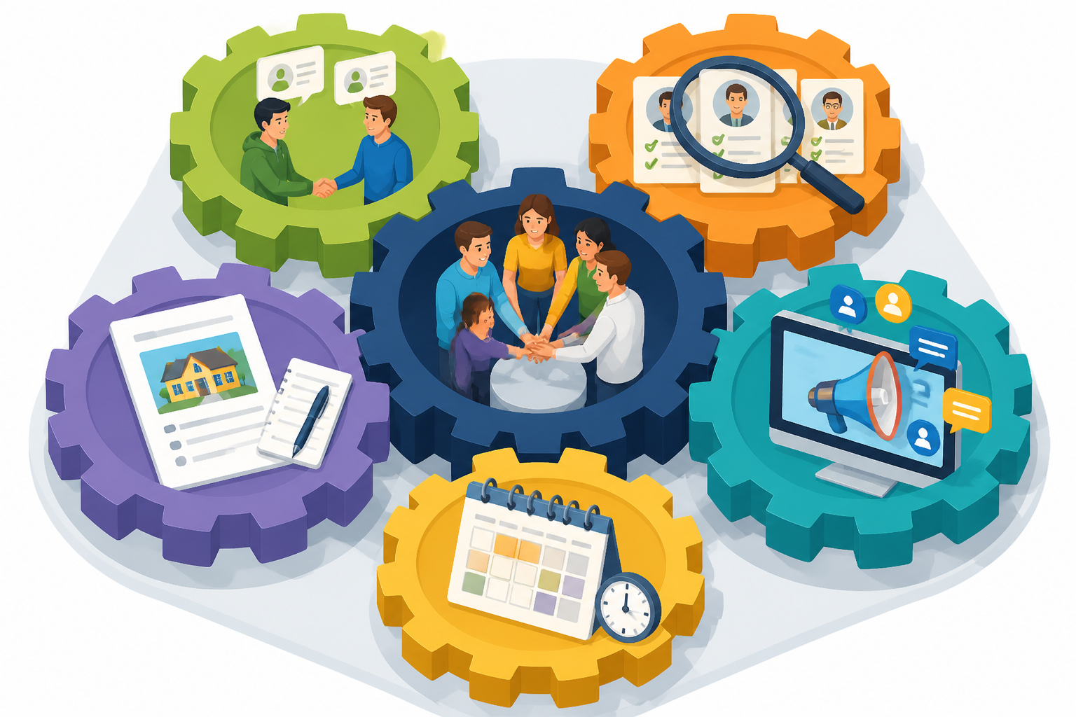 Infografik zeigt die fünf ineinandergreifenden Säulen der Fundament-Allianz, darunter Buddy-System und Matching, zur Veranschaulichung der Funktionsweise.