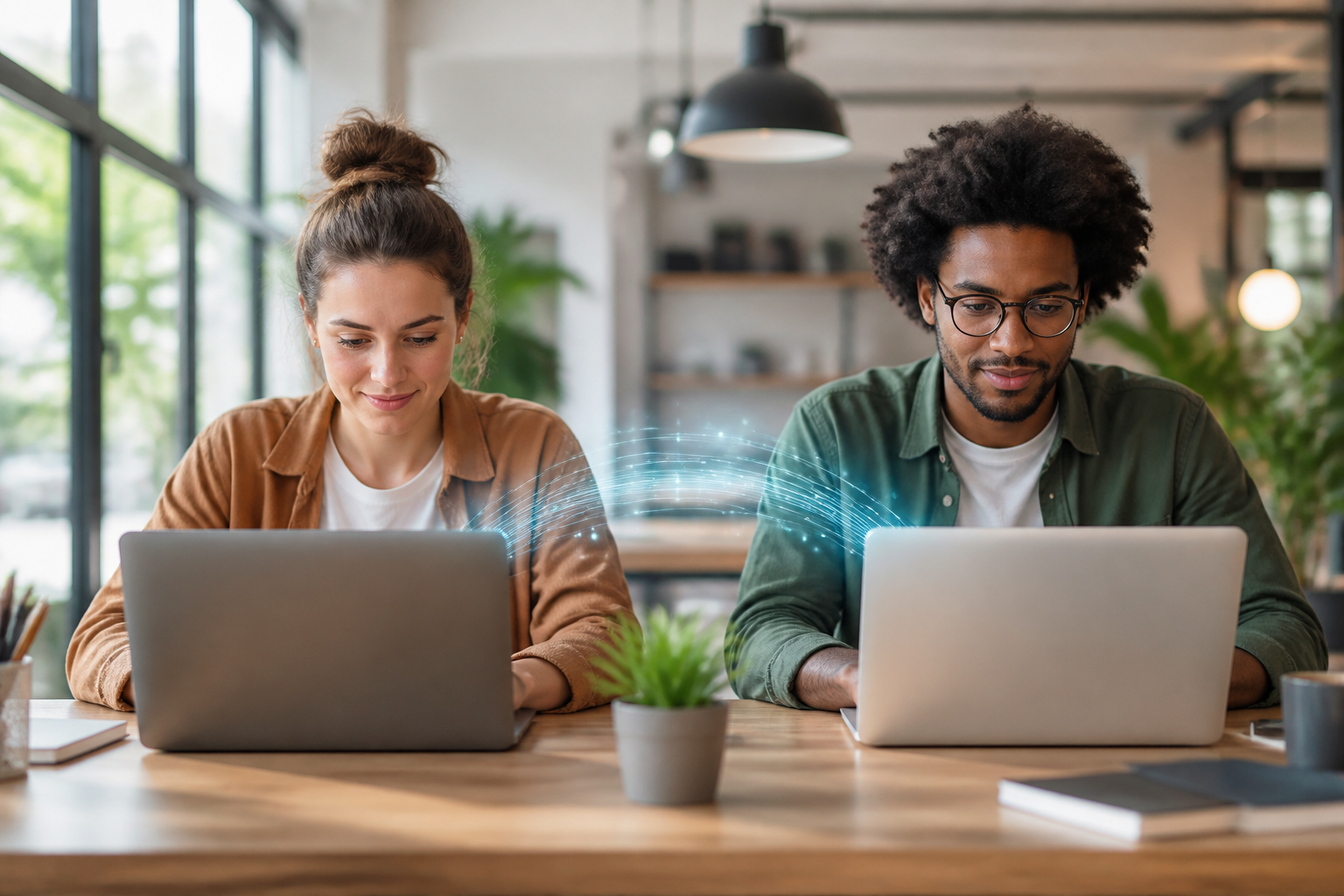 Zwei Personen arbeiten kooperativ an Laptops, verbunden durch einen unsichtbaren Datenfluss, der das faire Matching der Fundament-Allianz darstellt.