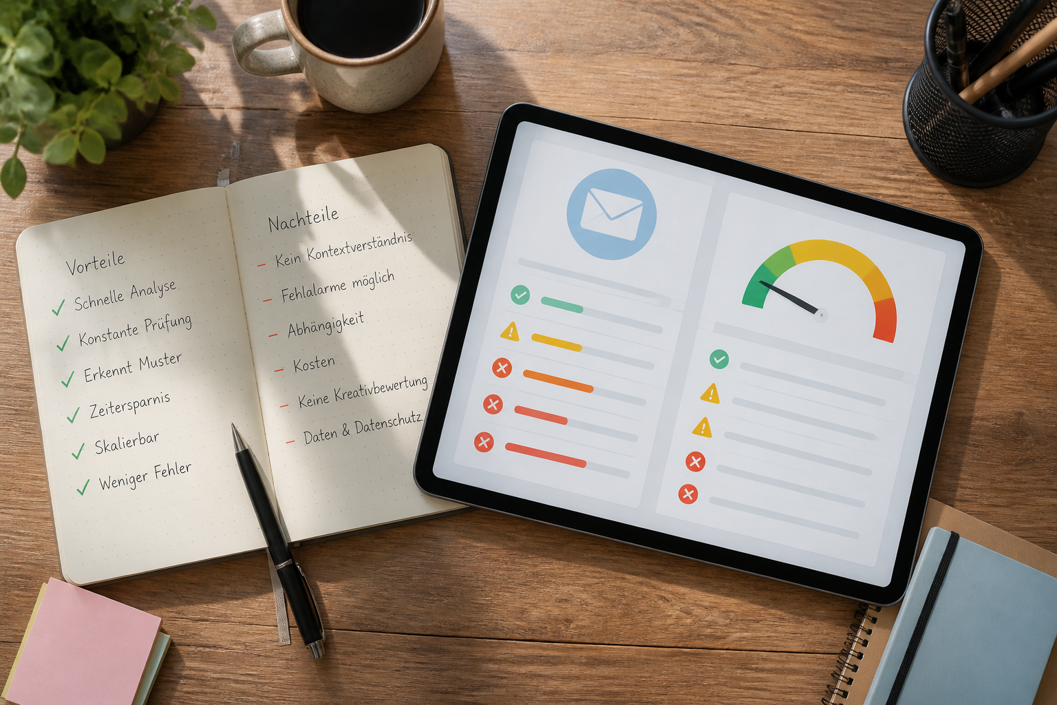 Tablet mit Audit-Bericht neben Arbeitsnotizen zur Abwägung von Vorteilen automatisierter E-Mail-Prüftools