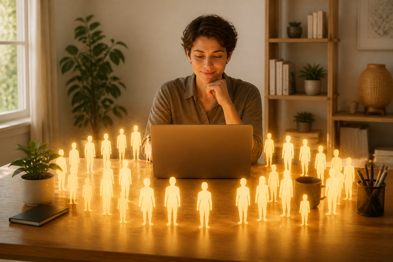 Person sitzt gelassen am Laptop, während Kunden in Form von leuchtenden Silhouetten angezogen werden, als Symbol für den Kundenmagnet-Ansatz.