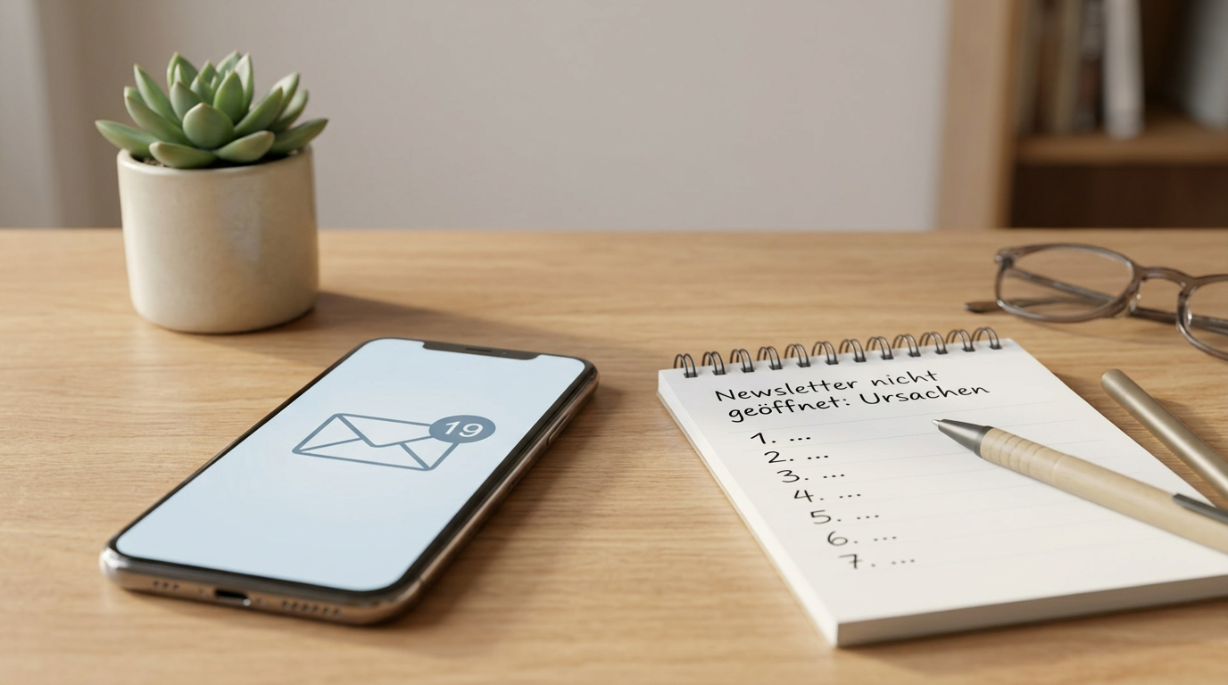 Smartphone auf Schreibtisch zeigt Benachrichtigung wenn der Newsletter wird nicht geöffnet