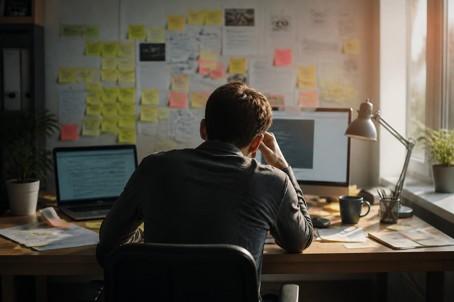 Eine Person sitzt alleine im Homeoffice und wirkt isoliert, umgeben von der digitalen Arbeitsumgebung, als Sinnbild für die Herausforderungen von Online-Anfängern.