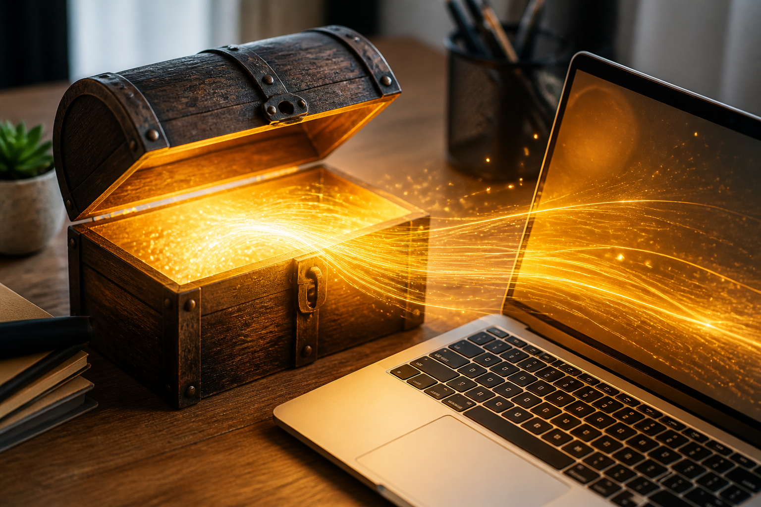 alte Blogbeiträge überarbeiten: Eine geöffnete Schatzkiste symbolisiert das ungenutzte Potenzial alter Inhalte, deren Daten in einen Laptop fließen.