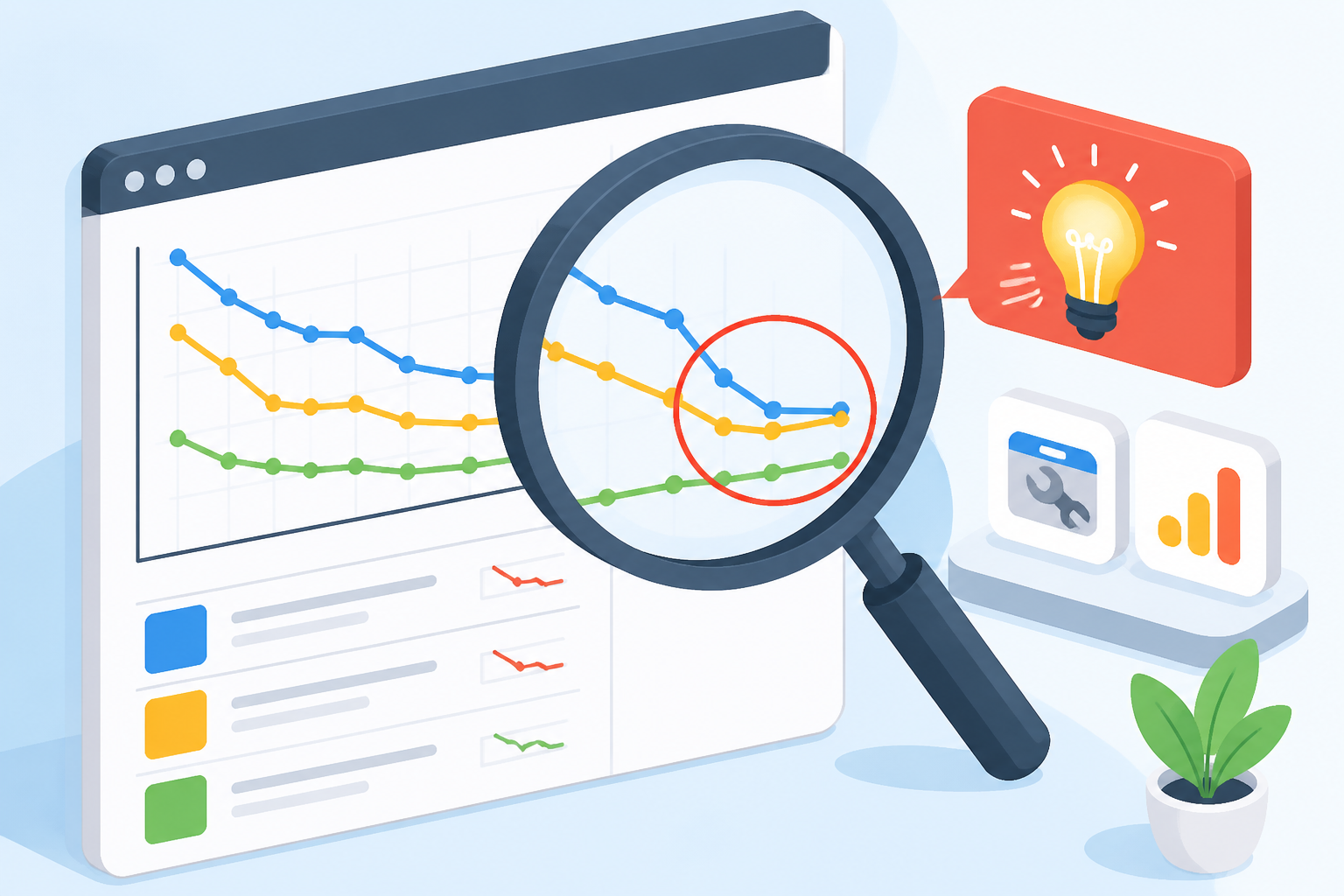Eine Lupe zeigt auf einen Bereich in einem Ranking-Diagramm, der für die Überarbeitung von Blogbeiträgen als Potenzial identifiziert wurde.