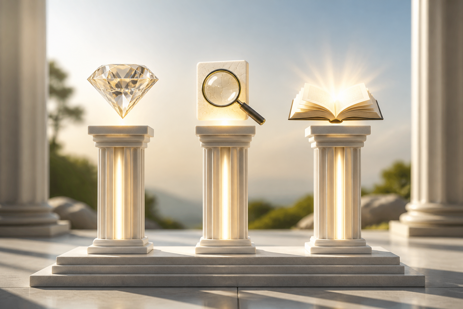 Kunden anziehen statt hinterherlaufen: Drei leuchtende Säulen mit Symbolen für Wert, Nische und Content, die das Fundament für die Anziehungskraft im Affiliate Marketing bilden.