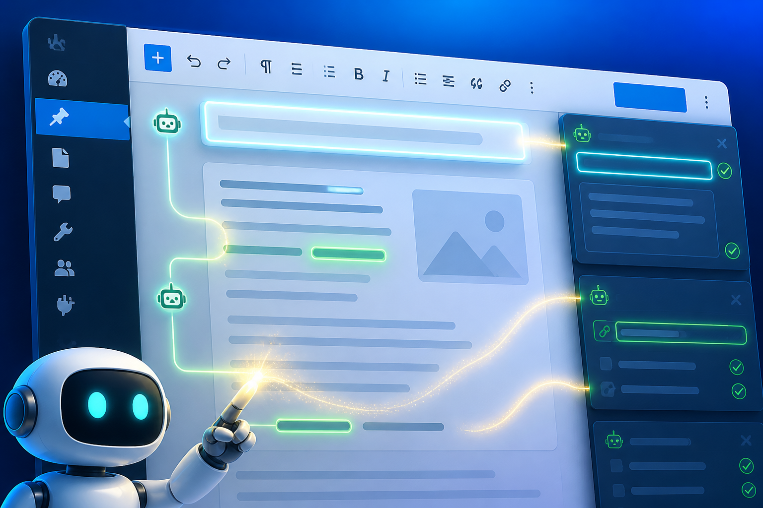Bildschirmaufnahme der WordPress-Backend-Oberfläche, auf der ein SEO Bot automatische Anpassungen an SEO-Elementen wie dem Titel und der Meta-Beschreibung vornimmt.