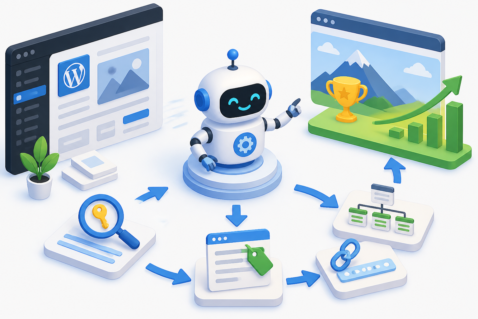 SEO Bot WordPress: Infografik, die den automatisierten Workflow eines SEO Bots zur Optimierung einer WordPress-Website zeigt, von Keyword-Analyse bis zur internen Verlinkung.