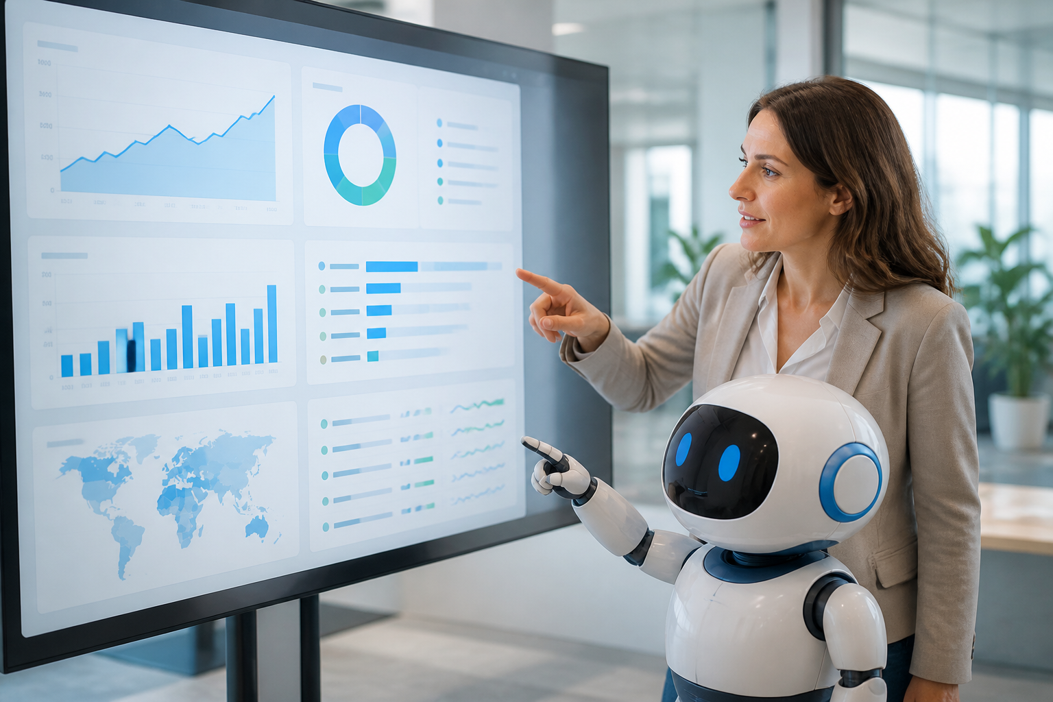 SEO Bot WordPress: Eine Frau arbeitet mit einem KI-Roboter vor einem SEO-Analyse-Dashboard, was die effektive Zusammenarbeit von Mensch und Maschine bei der WordPress-Optimierung darstellt.