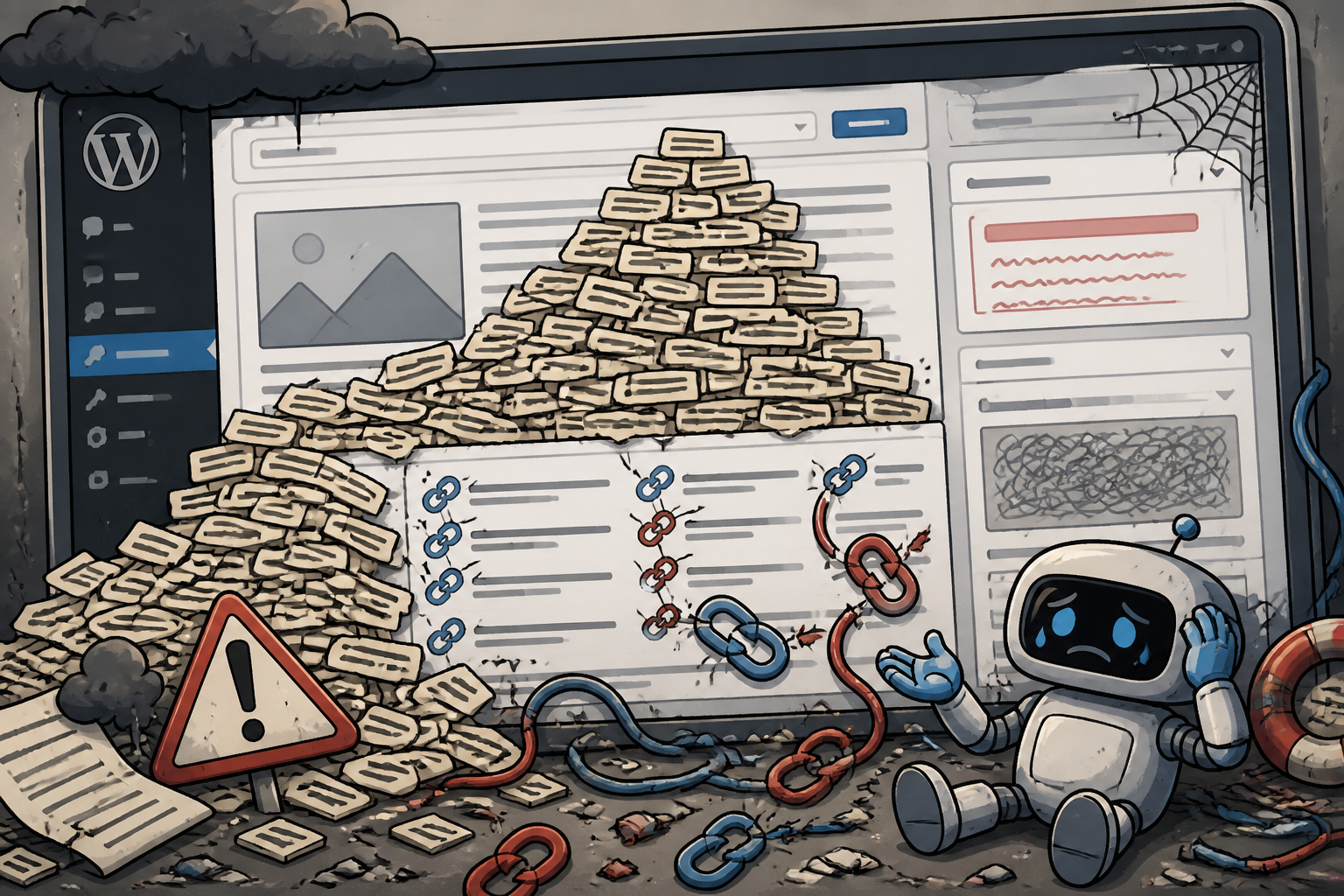Eine chaotische Illustration einer WordPress-Seite, die durch übermäßige oder fehlerhafte Automatisierung unleserlich wird, mit kaputten Links und Keyword-Stuffing, symbolisiert die Risiken eines unkontrollierten SEO Bot