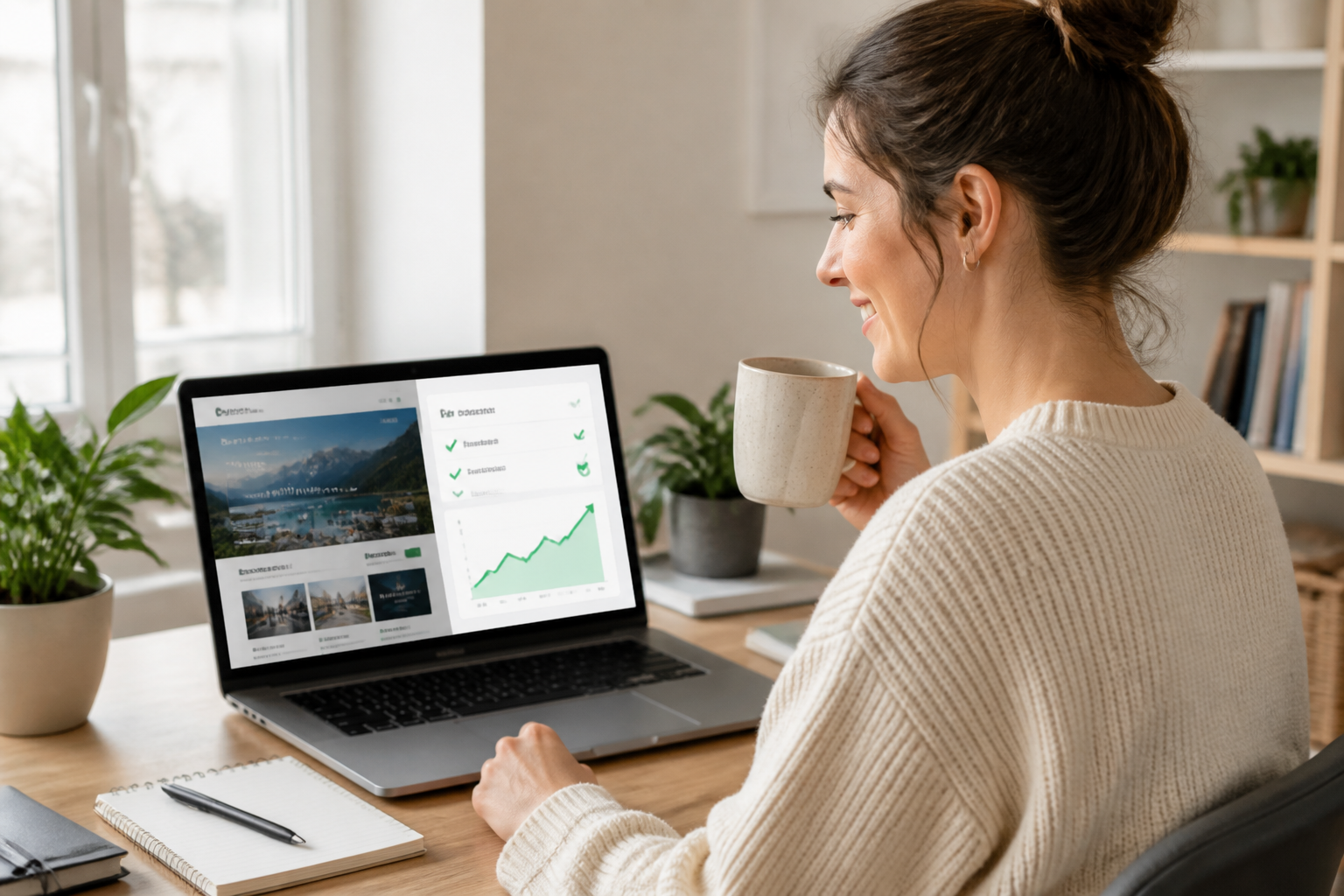 SEO Bot WordPress: Eine entspannte Webmasterin trinkt Kaffee, während sie auf ihrem Laptop positive SEO-Ergebnisse und automatisierte WordPress-Updates sieht, symbolisiert die Zeitersparnis durch einen SEO Bot.