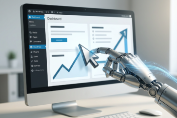 SEO Bot WordPress: Ein futuristischer Roboterarm, der eine WordPress-Website auf einem Bildschirm so optimiert, dass sie bei Google auf Platz 1 rankt, symbolisiert die automatische SEO-Optimierung durch einen Bot.
