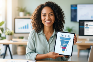 Sieger Funnel Builder Plugin für Anfänger: Eine lächelnde Frau hält ein Tablet mit einem übersichtlichen Sieger Funnel Builder Plugin-Diagramm und symbolisiert den einfachen Start ins Online-Business.