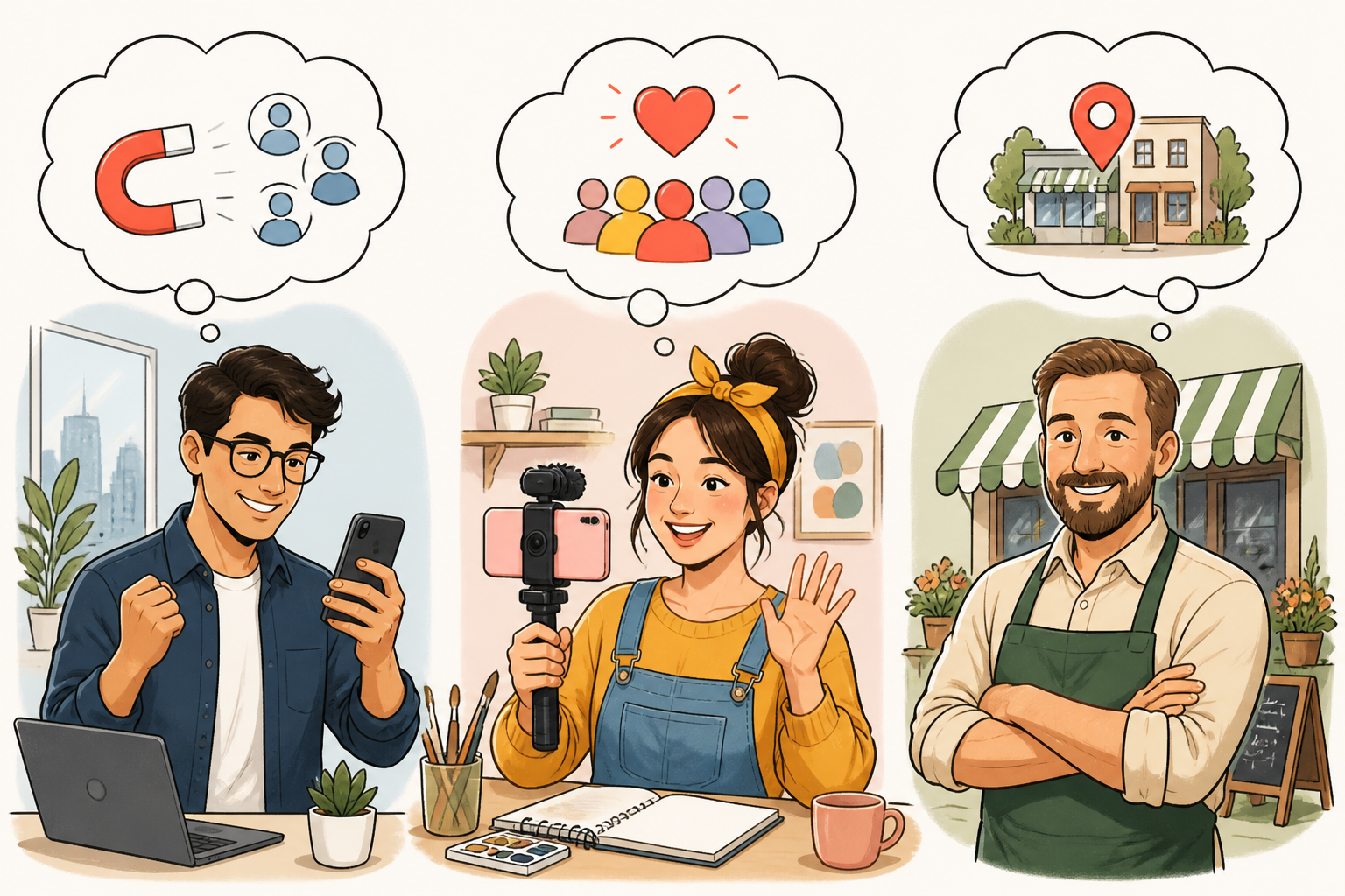 Viralmatik — Kurzvideos auf Autopilot: Drei verschiedene Nutzer-Personas – ein Unternehmer, ein Blogger und ein Ladenbesitzer – zeigen durch Sprechblasen, wie sie von Viralmatik zur Erstellung von Kurzvideos profitieren.